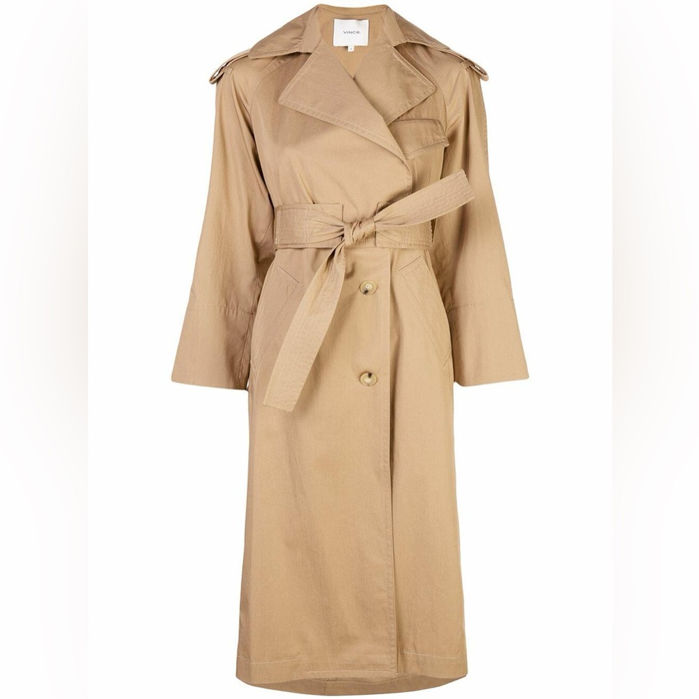 Vince Dark Khaki Cotton Belted Trench Coat, size small - Picture 2 of 16